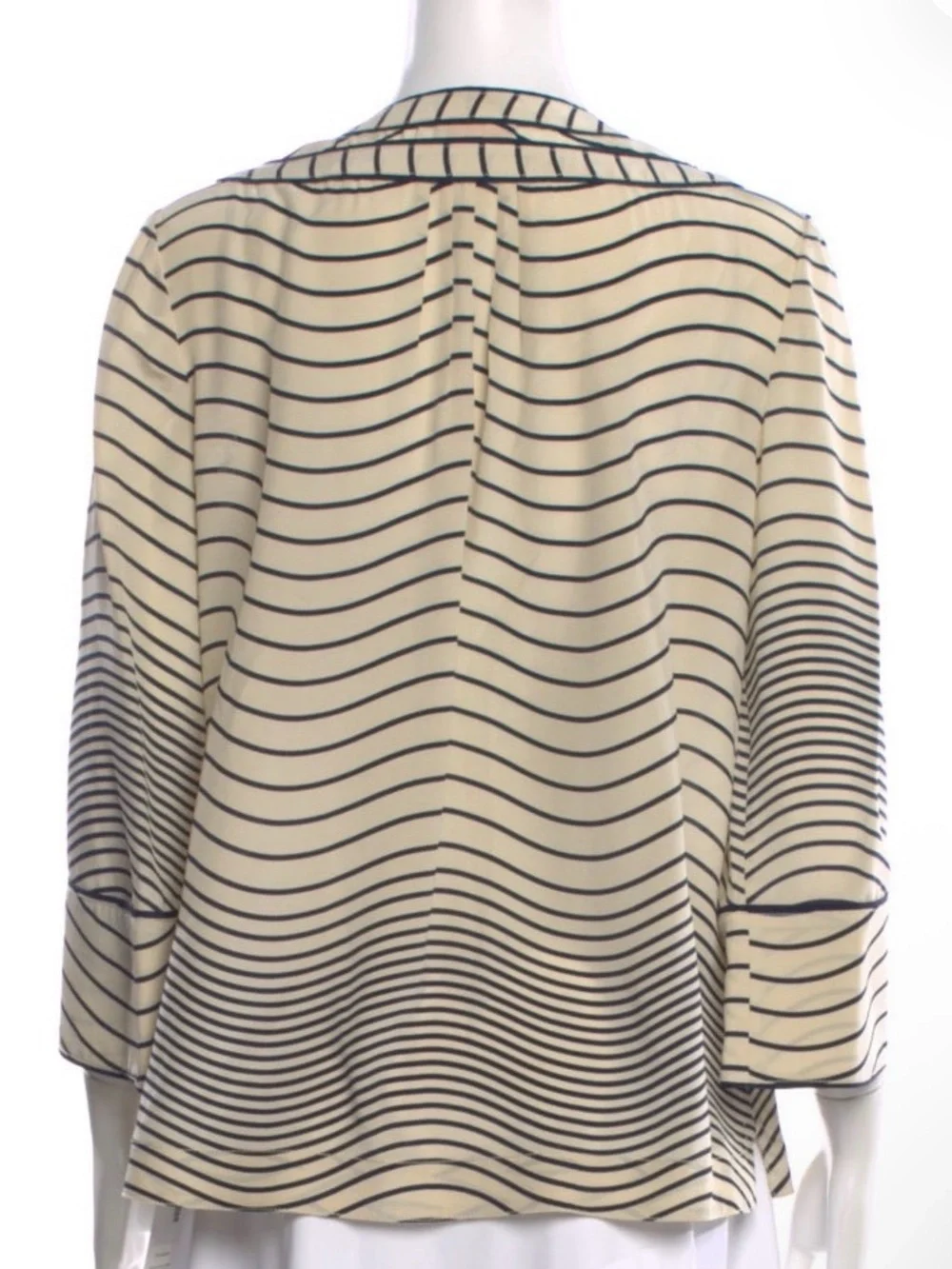 Tory Burch Cream and Black Striped Bow-Front Long Sleeve Top